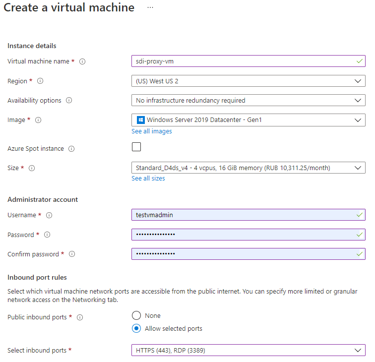 Setting the fields on the Basics tab to create an Azure VM.