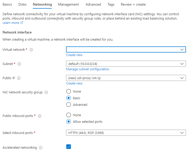 Setting the fields on the Networking tab to create an Azure VM.