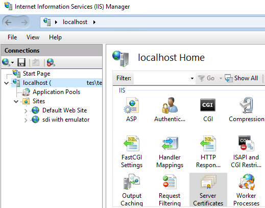 Selecting Service Certificates in IIS Manager.