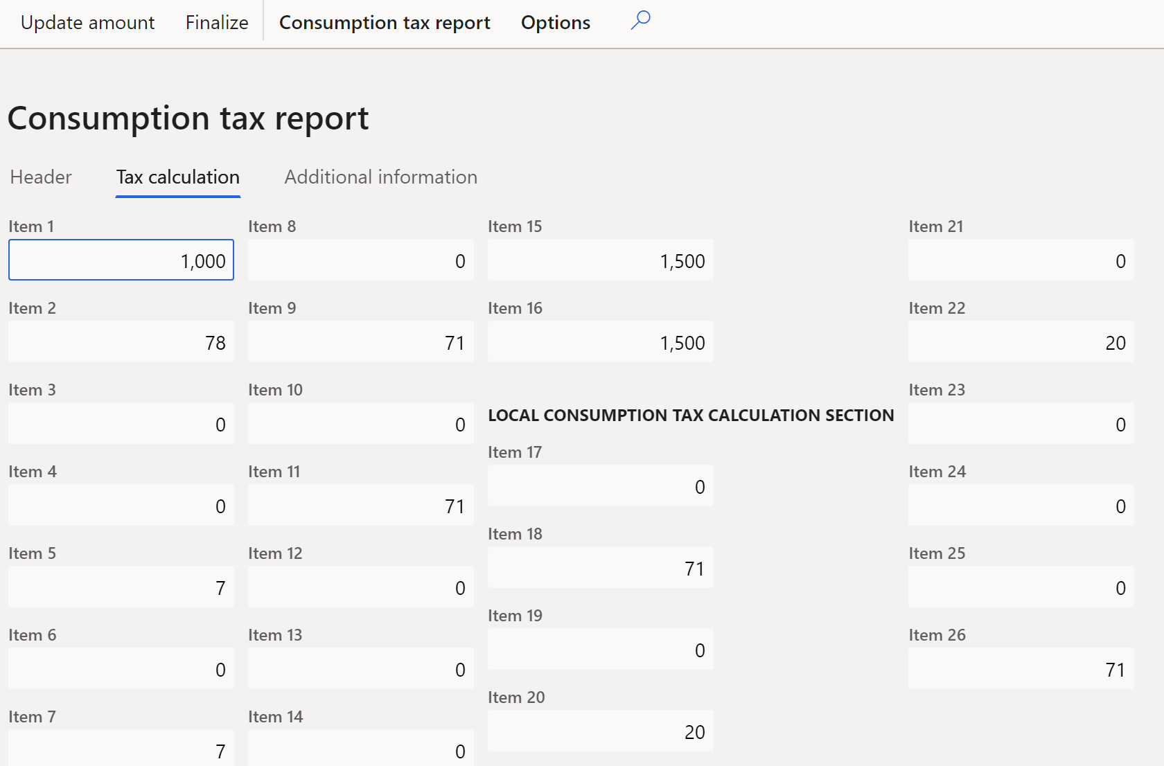 Consumption tax report page, Tax calculation tab.