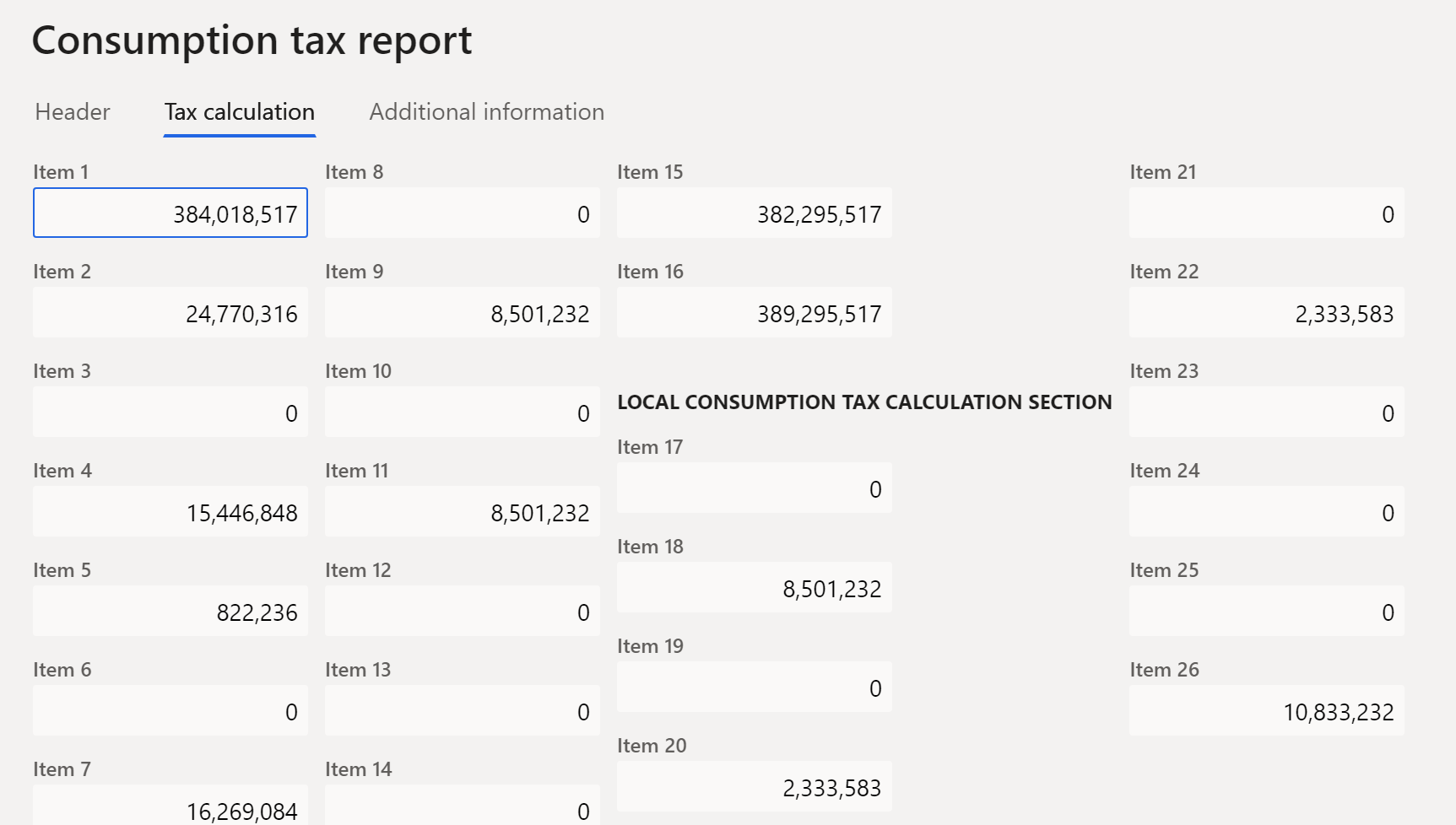 Example Consumption tax report page, Tax calculation tab.