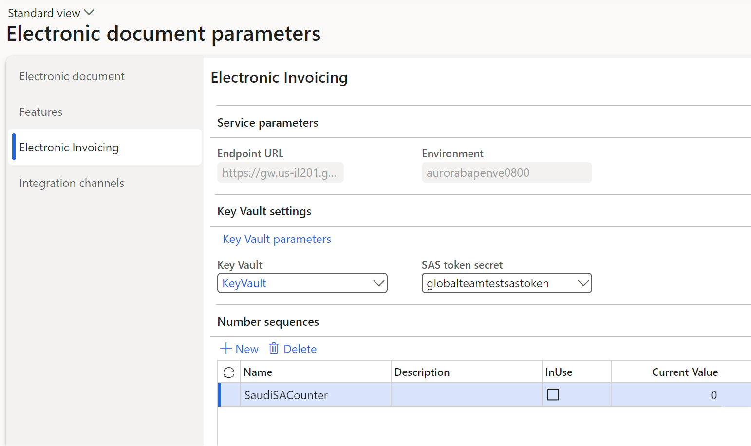 Screenshot that shows the Environment field for a service environment unavailable on the Electronic document parameters page.