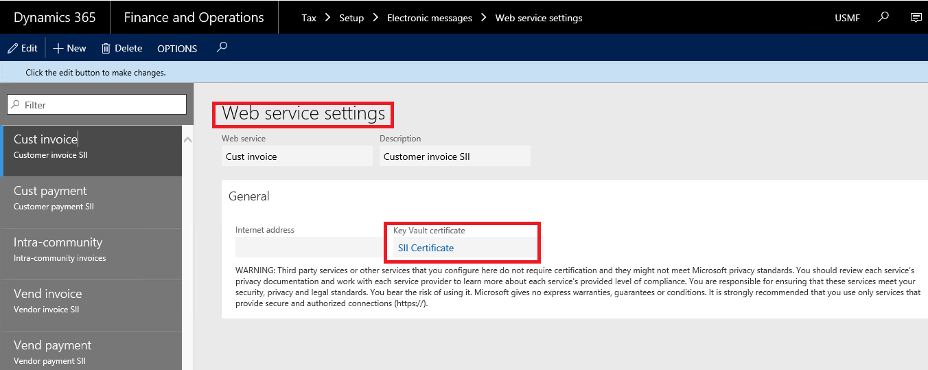 Web services settings page.
