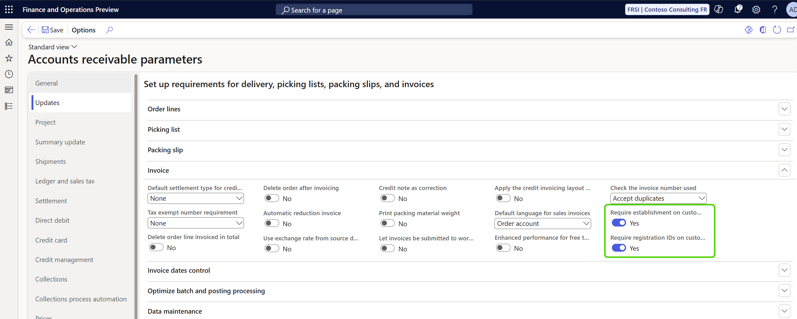 Screenshot of an example AR parameters setup for French establishment.