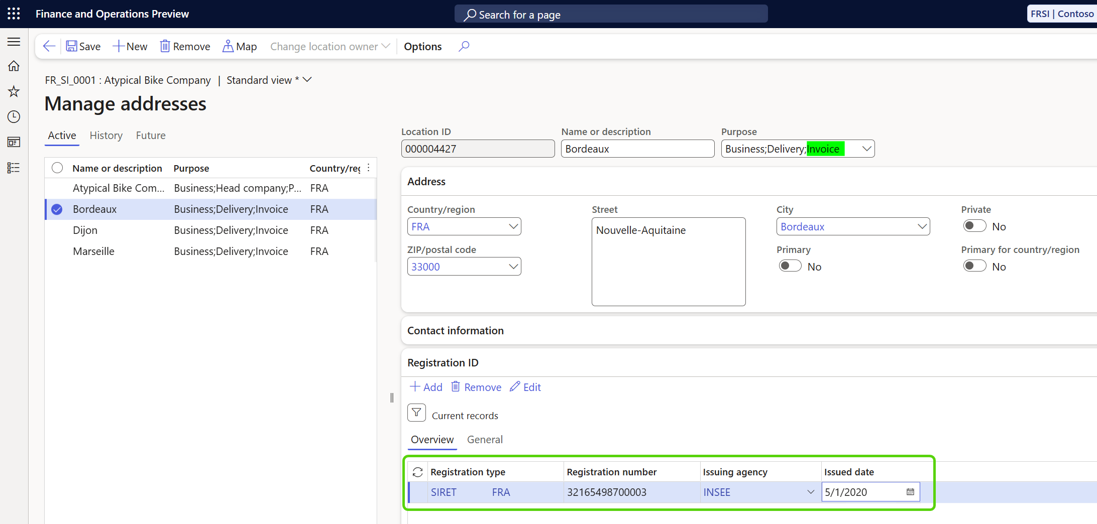 Screenshot of an example customer's establishment setup for French.
