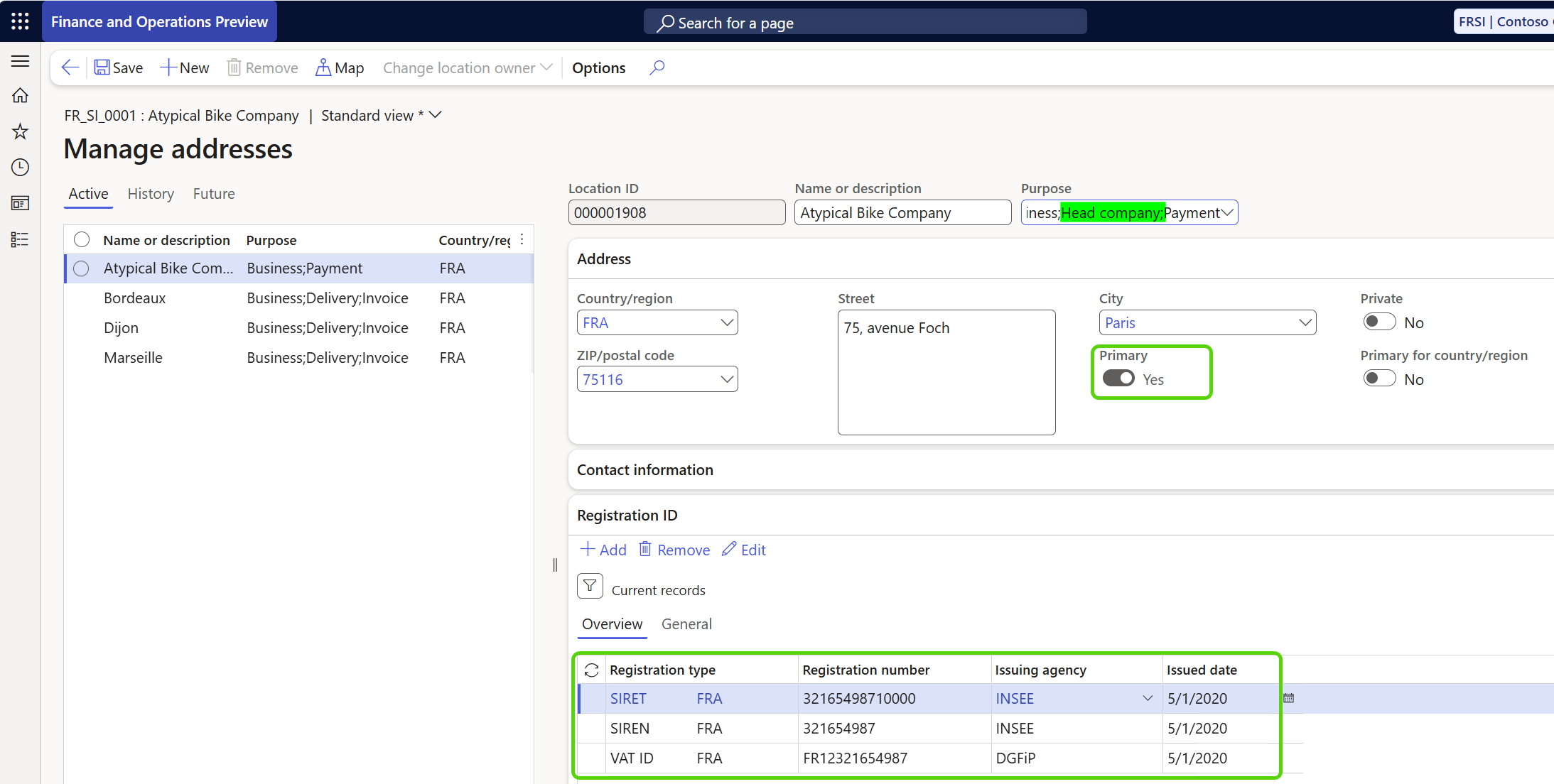 Screenshot of an example customer setup for French establishment.