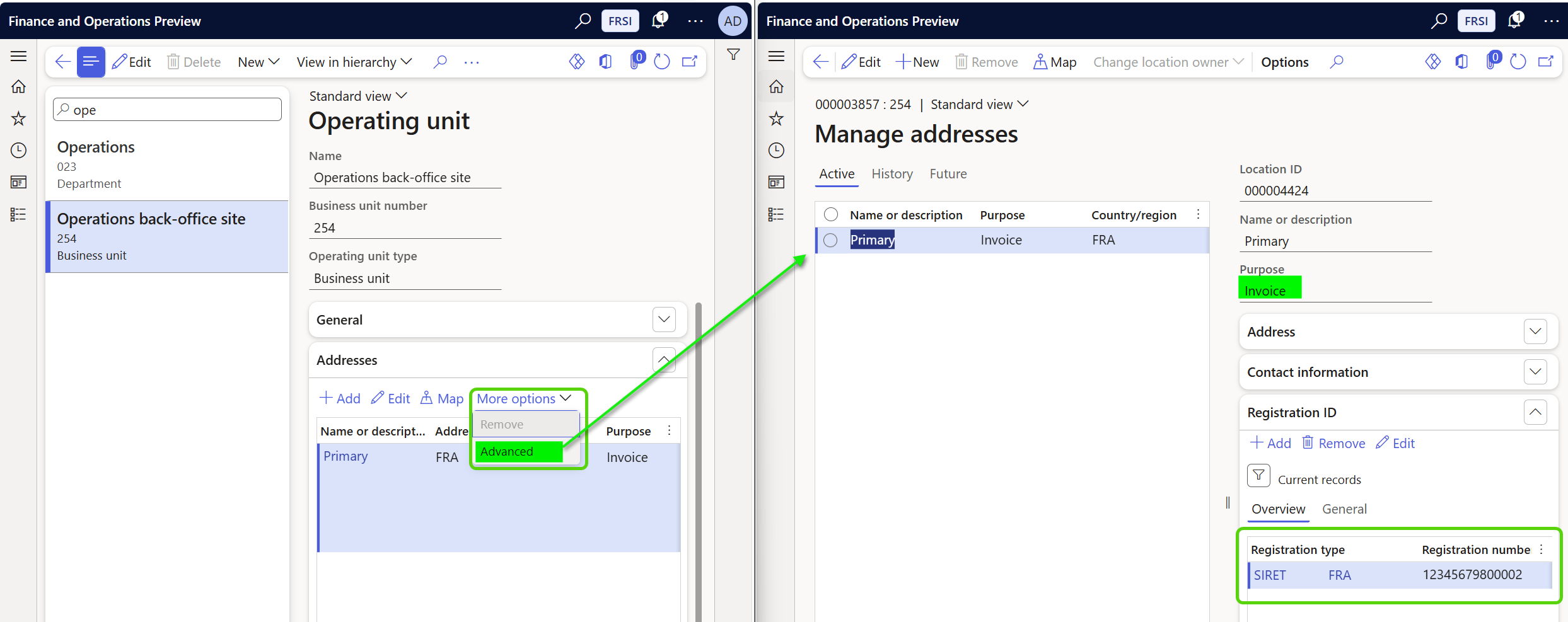 Screenshot of an example establishments setup for French establishment.