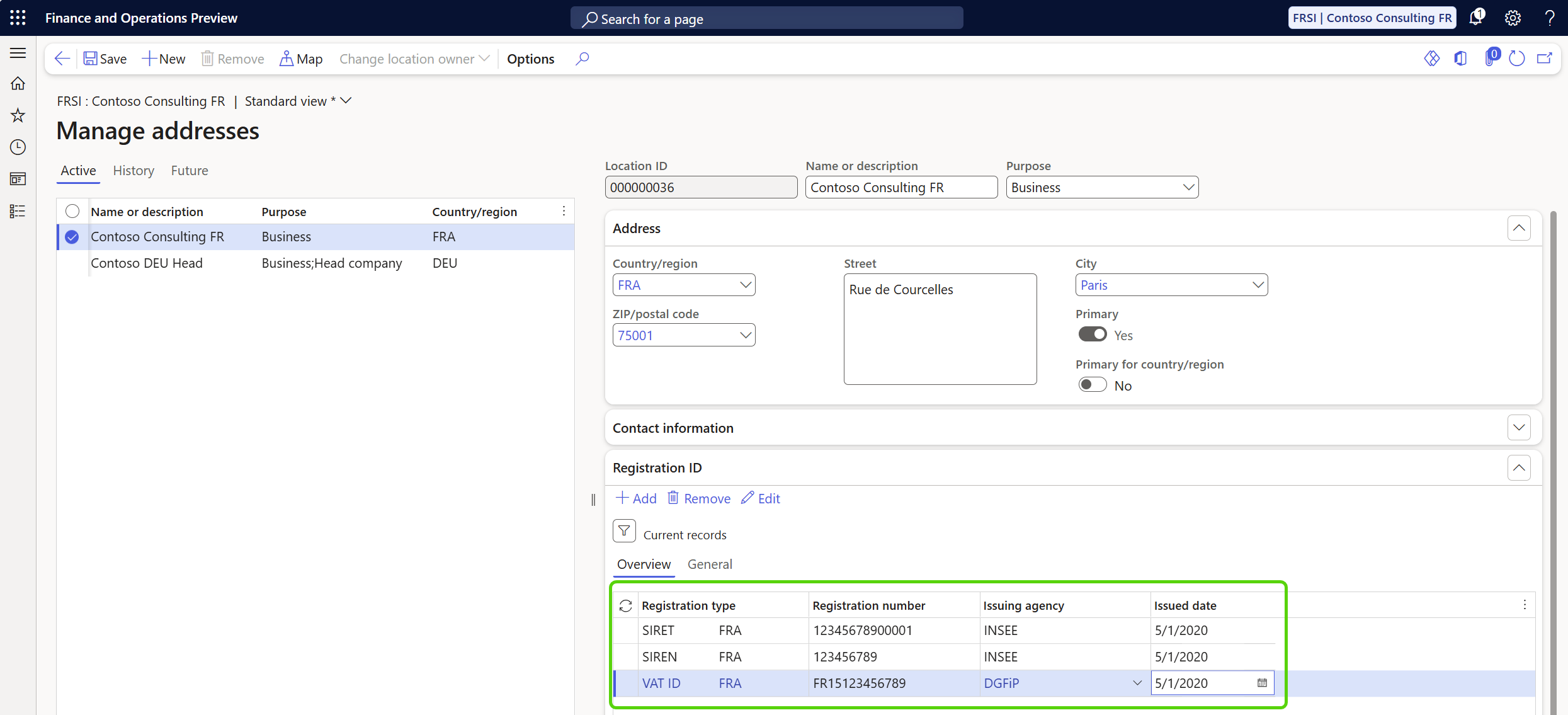 Screenshot of an example legal entity setup for French establishment.