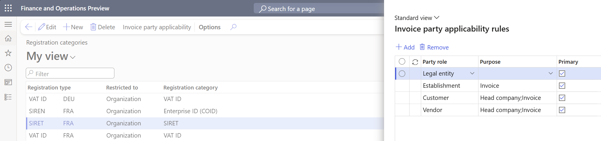 Screenshot of an example SIRET Registration IDs setup for French establishment.
