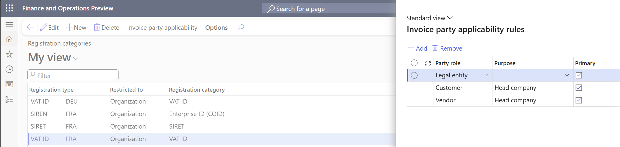 Screenshot of an example VAT ID Registration IDs setup for French establishment.