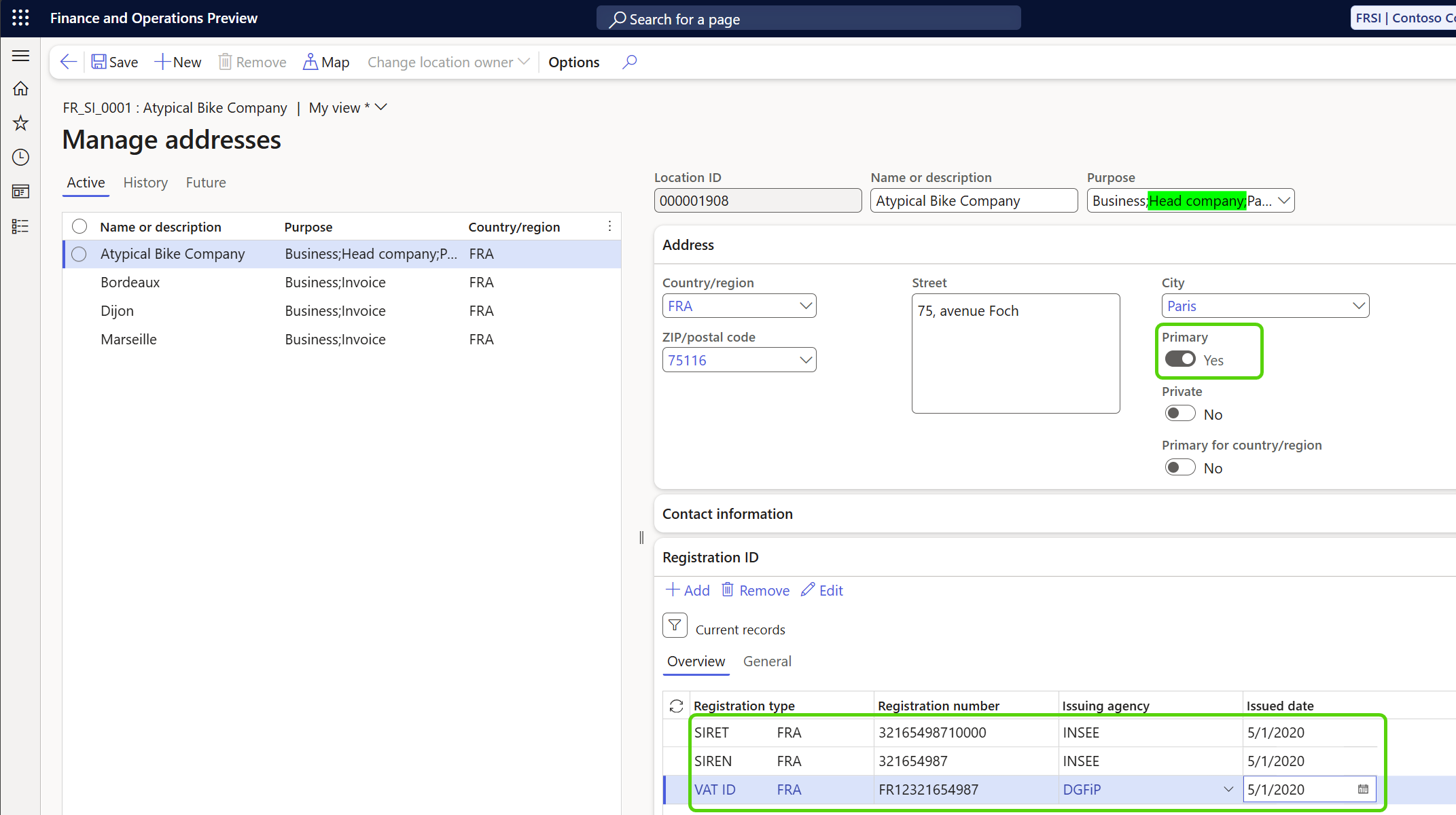 Screenshot of an example Registration IDs setup for French customer head company.