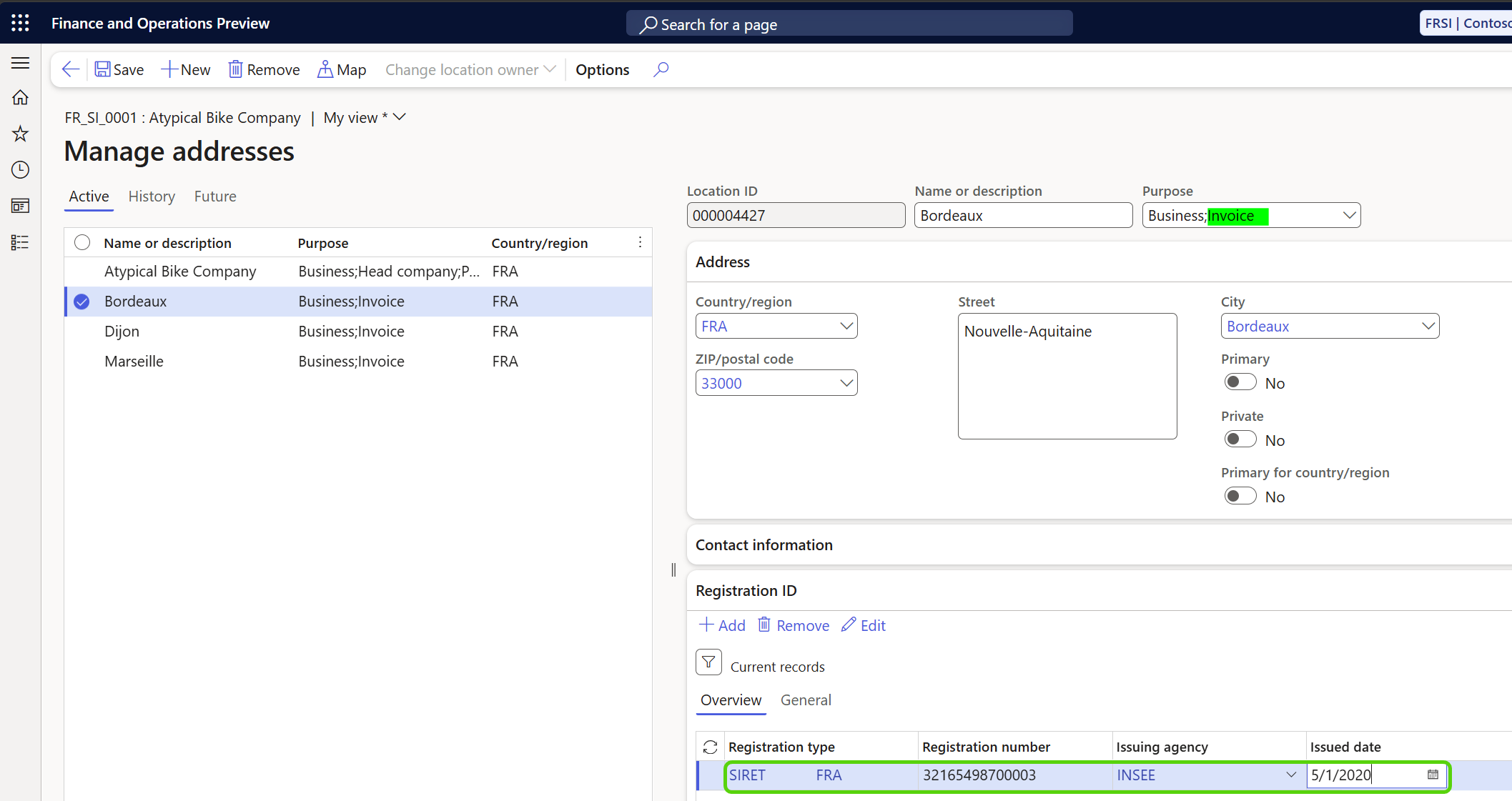 Screenshot of an example Registration IDs setup for French customer delivery establishment.