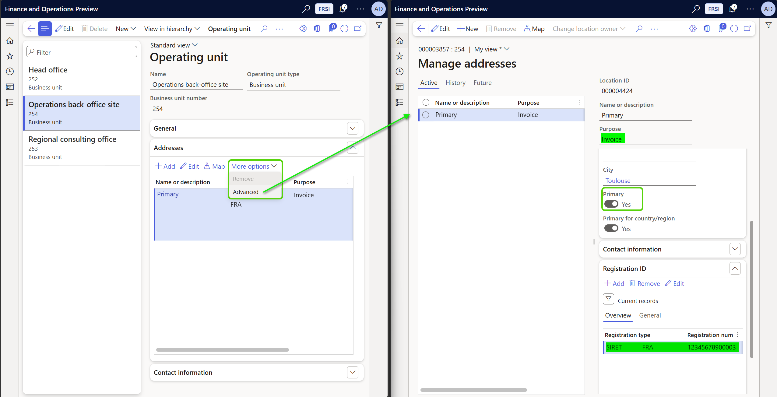 Screenshot of an example Registration IDs setup for French establishment.
