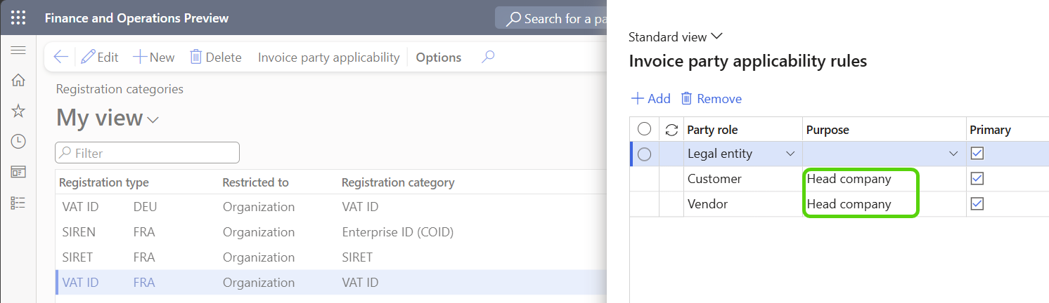 Screenshot of an example VAT ID setup for France for head company.