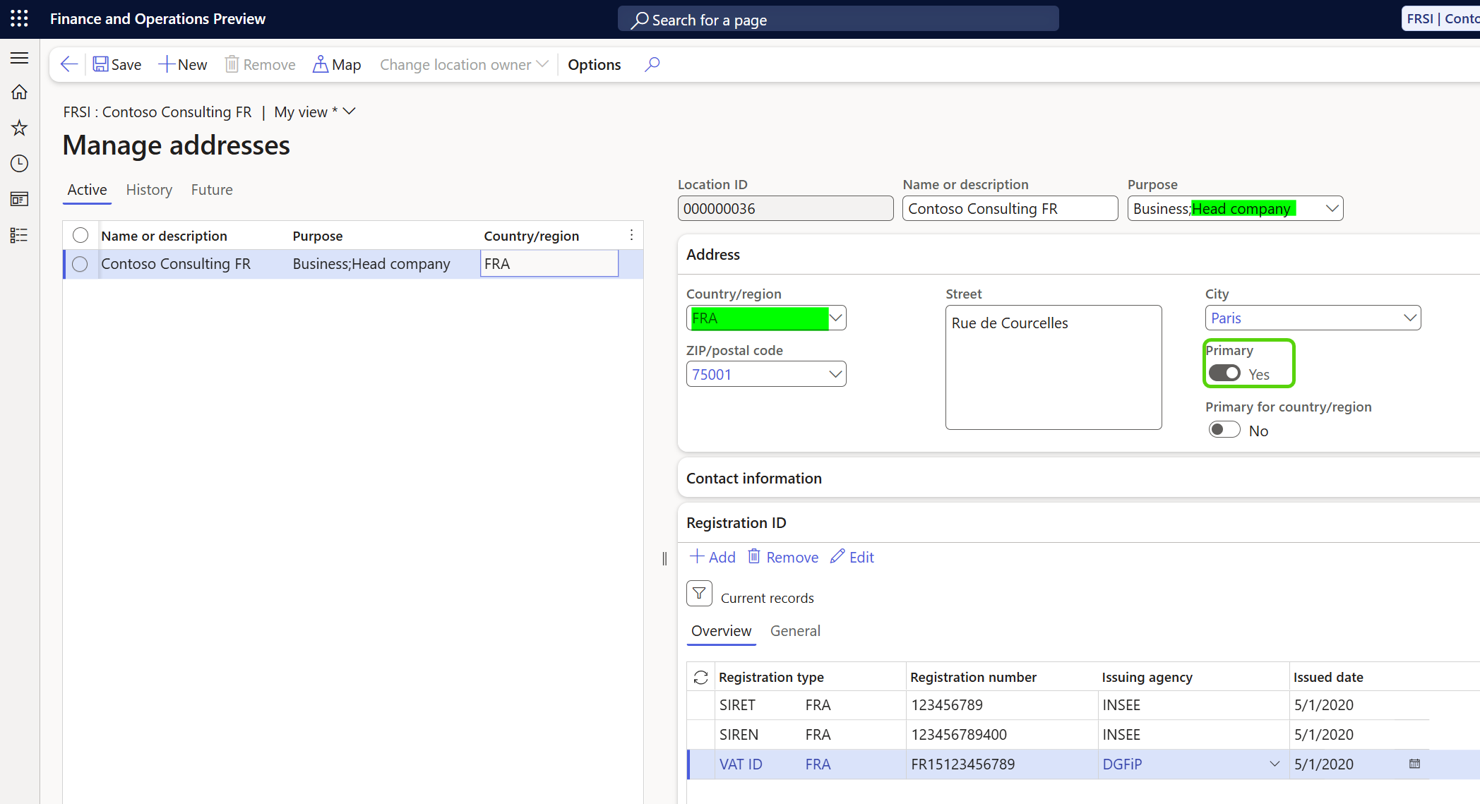 Screenshot of an example Registration ID set up for French legal entity.