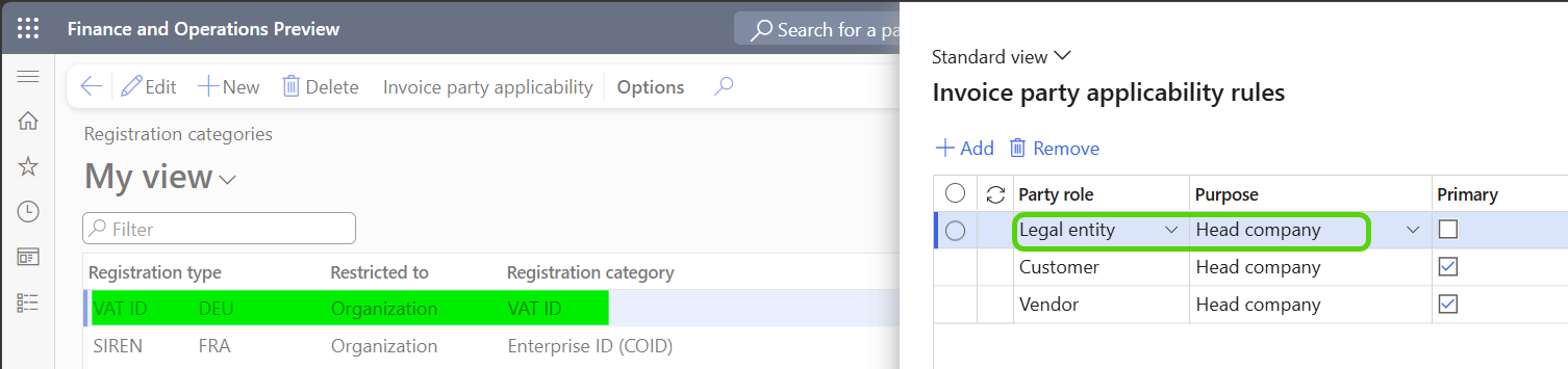 Screenshot of an example VAT ID setup for France - multiple tax registration IDs.