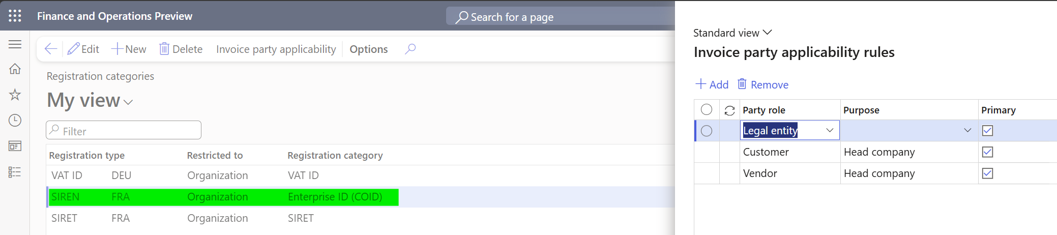 Screenshot of an example SIREN setup for France for head company.