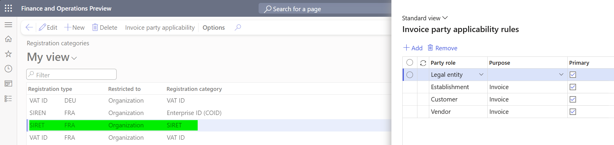 Screenshot of an example SIRET setup for France for head company.