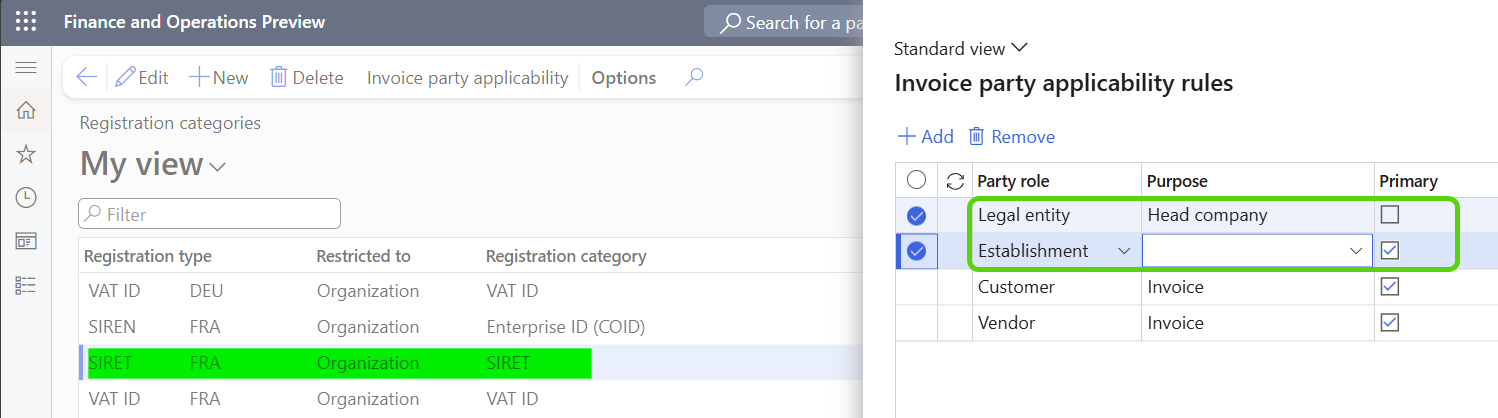 Screenshot of an example SIRET setup for France.