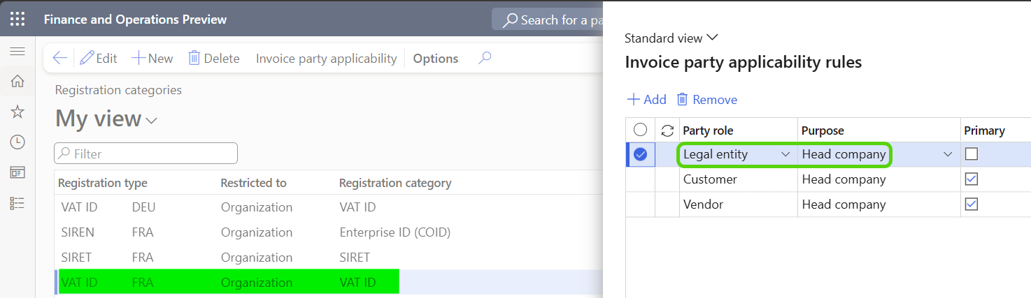 Screenshot of an example VAT ID setup for France with primary address outside France.