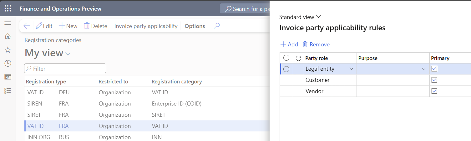 Screenshot of an example VAT ID setup for France.