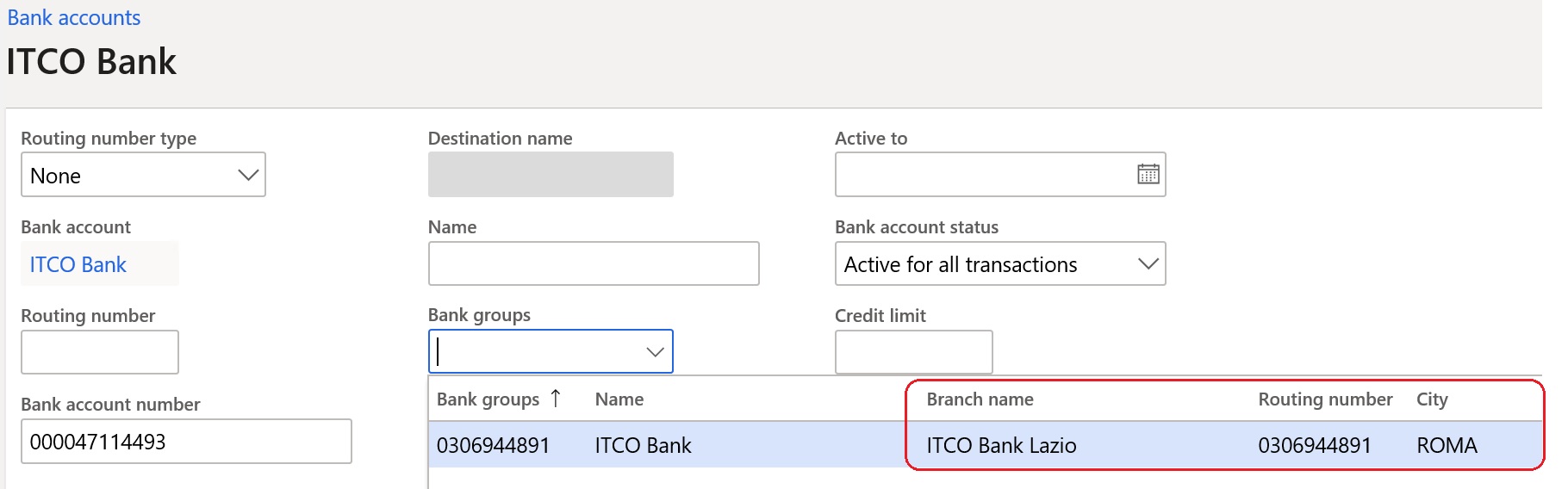 Additional descriptive fields in a bank account setup.