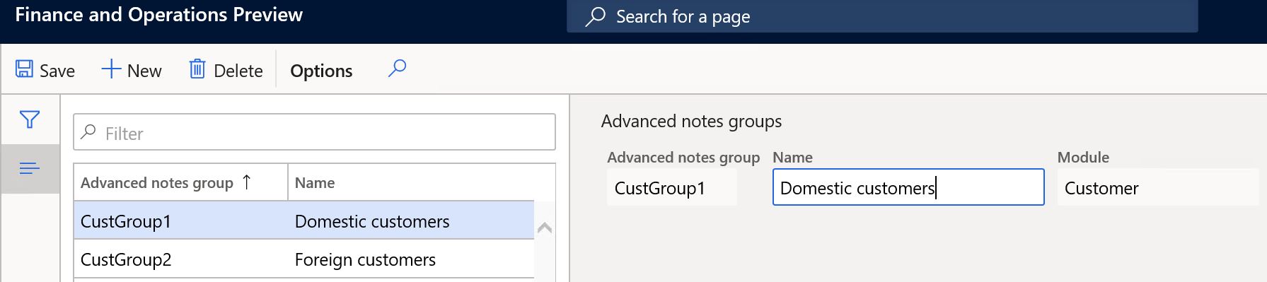 Setup of customer advanced notes groups.