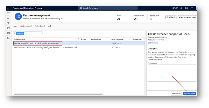 Enabling the Enable extended support of Financial reason code feature in the Feature management workspace.
