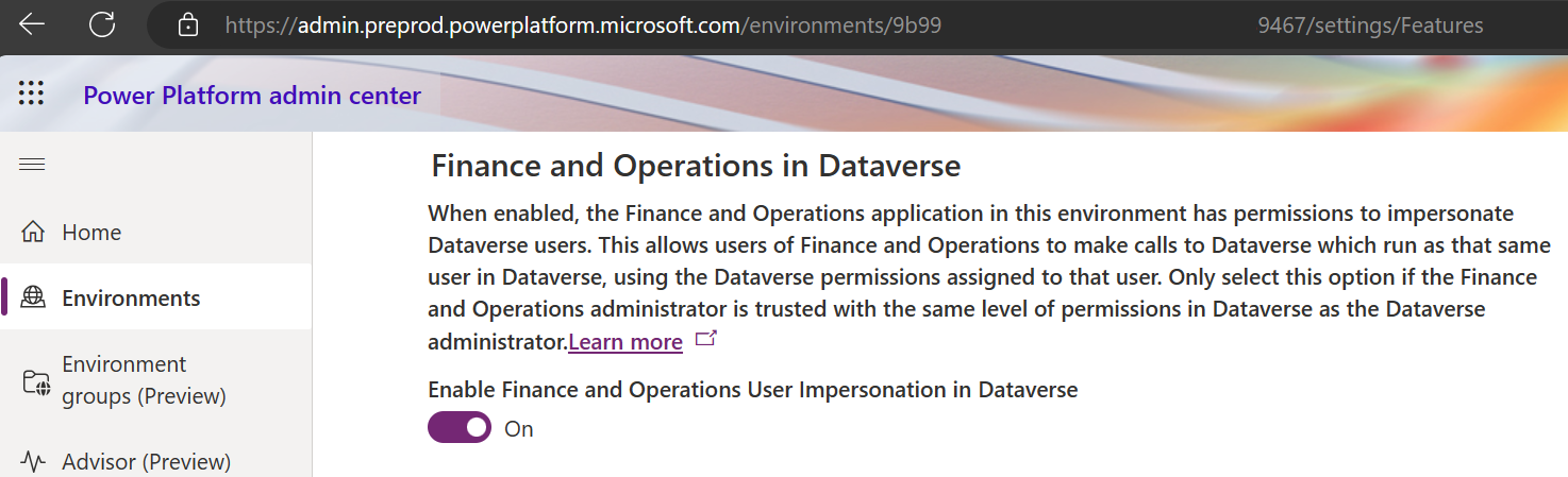 Enable Finance and Operations User Impersionation in Dataverse