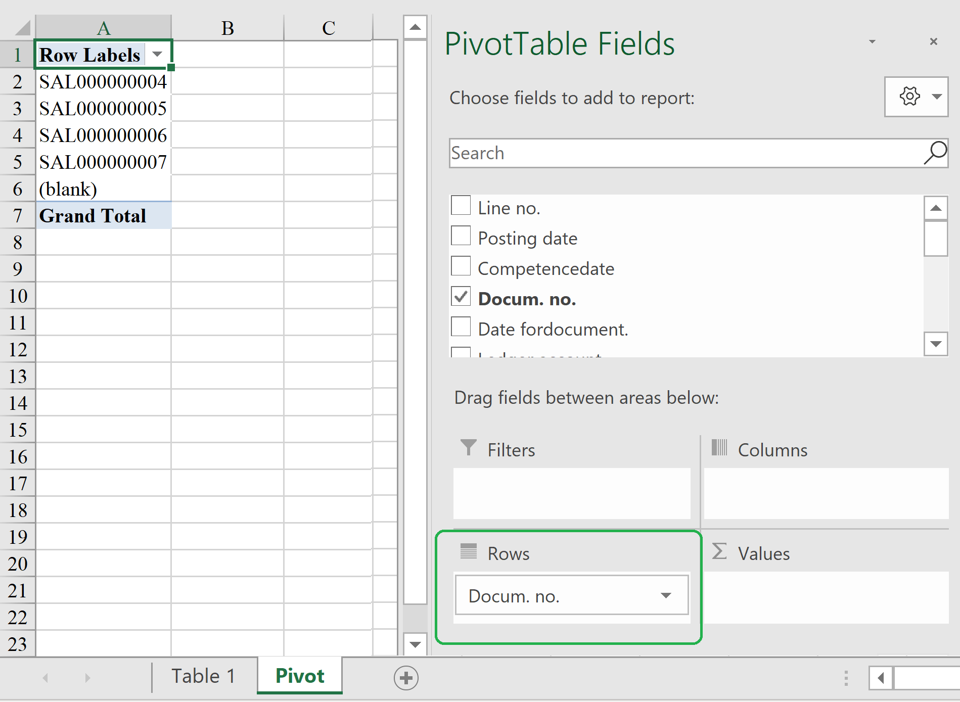 Example of an Excel PivotTable where Docum. No. is selected in the Rows field.