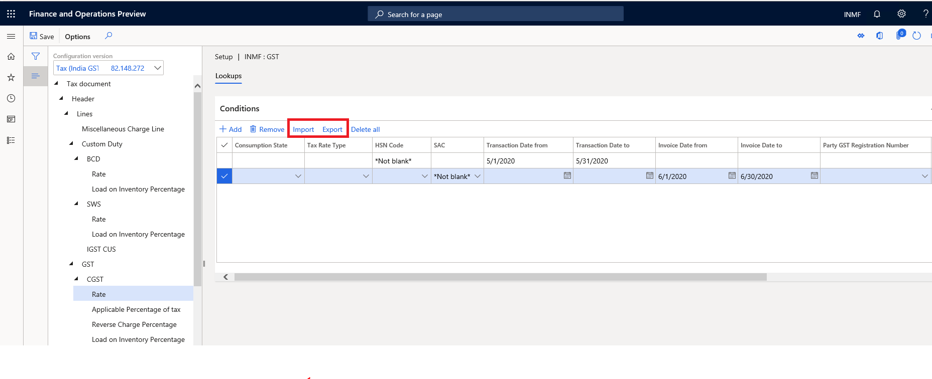 Import/export tax setup.