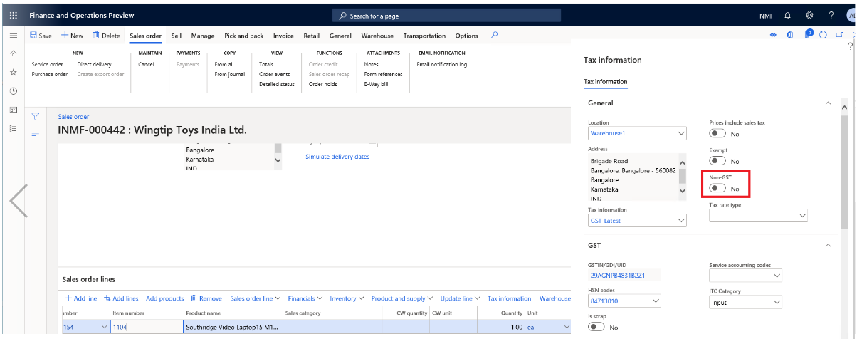 Tax information pane, Non-GST toggle.