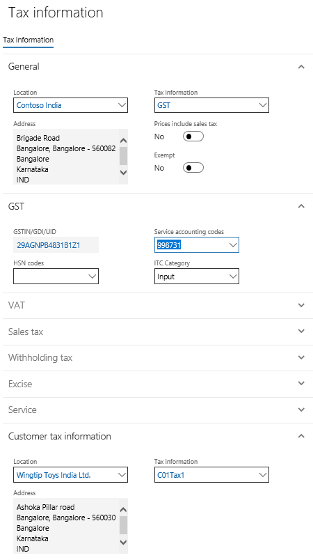 Tax information dialog box for creating an on-account transaction.