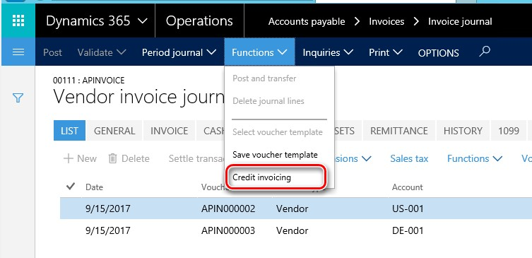 Invoice journal lines page with Credit invoicing option.