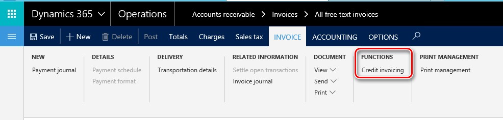All free text invoices page with Credit invoicing option.
