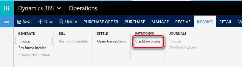 All purchase orders page with Credit invoicing page.