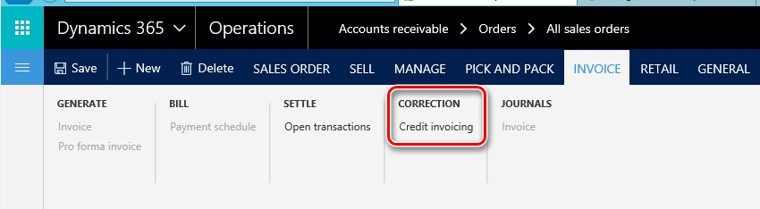 All sales orders page with Credit invoicing option.