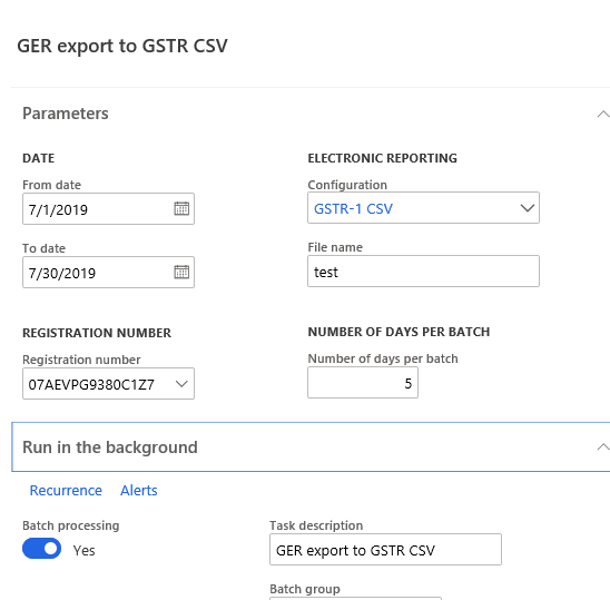 GER export to GSTR CSV dialog box.