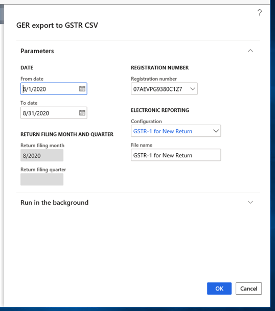 GER export to GSTR CSV dialog box for the GSTR-1 report.