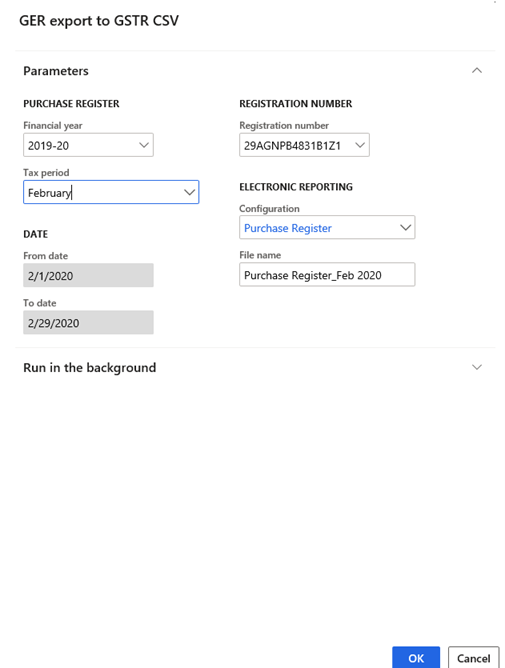 GER export to GSTR CSV dialog box for the Purchase Register report.