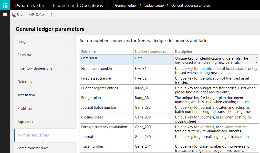 Number sequences tab on the General ledger parameters page.