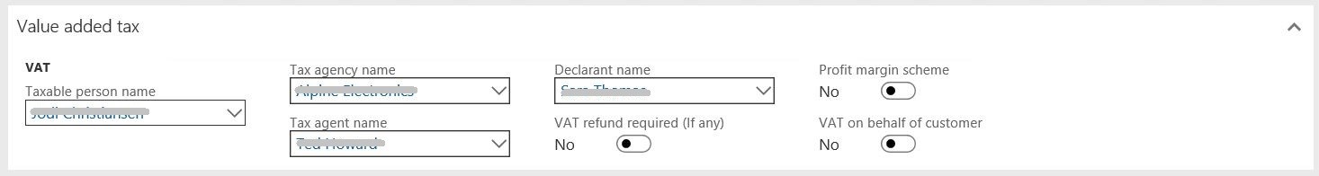 Value added tax FastTab on the Legal entities page.