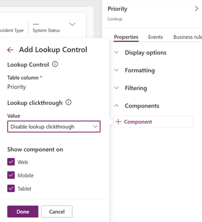 Screenshot in Power Apps showing Disable lookup clickthrough.