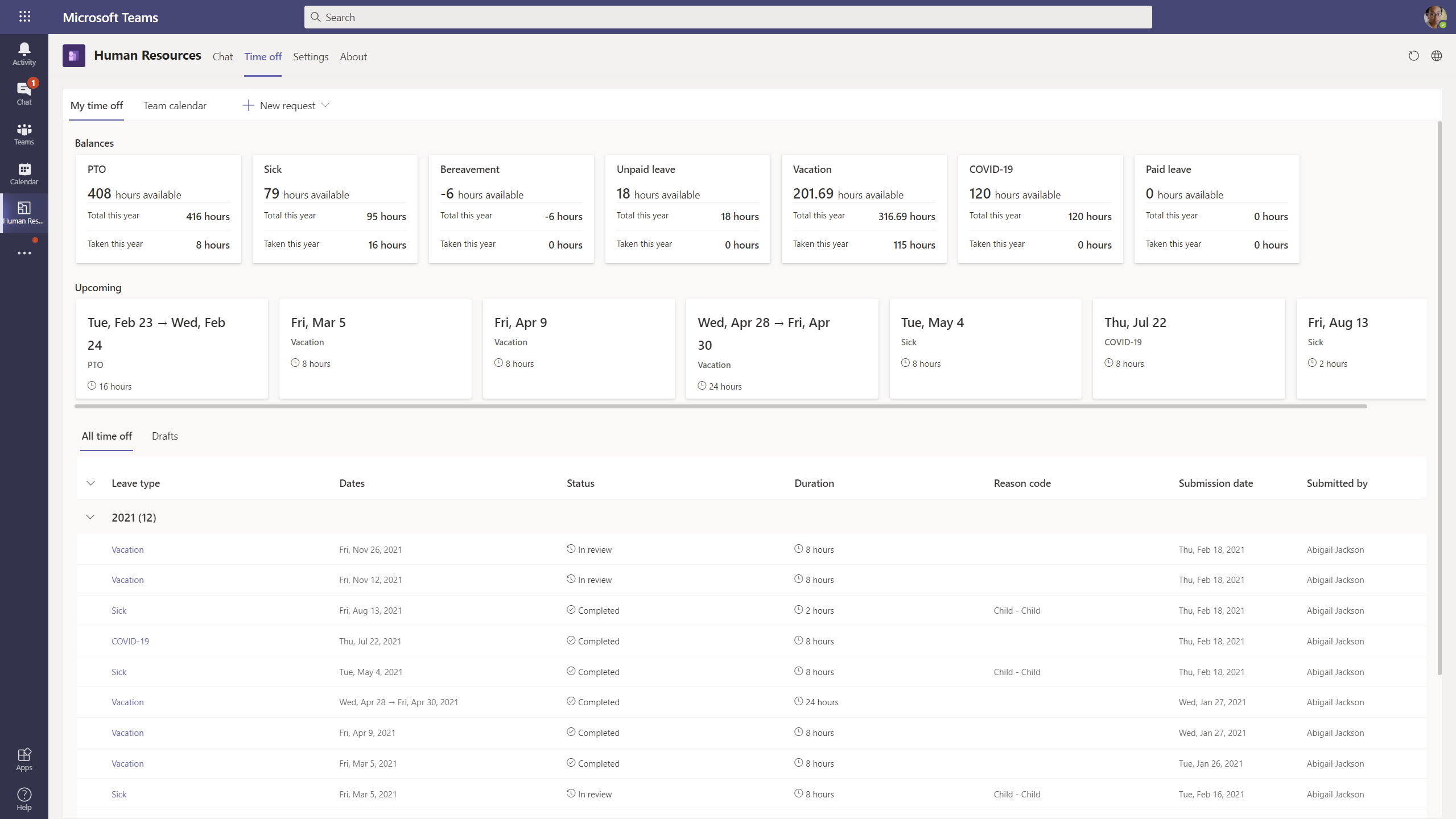 Human Resources Teams leave app Time off tab.