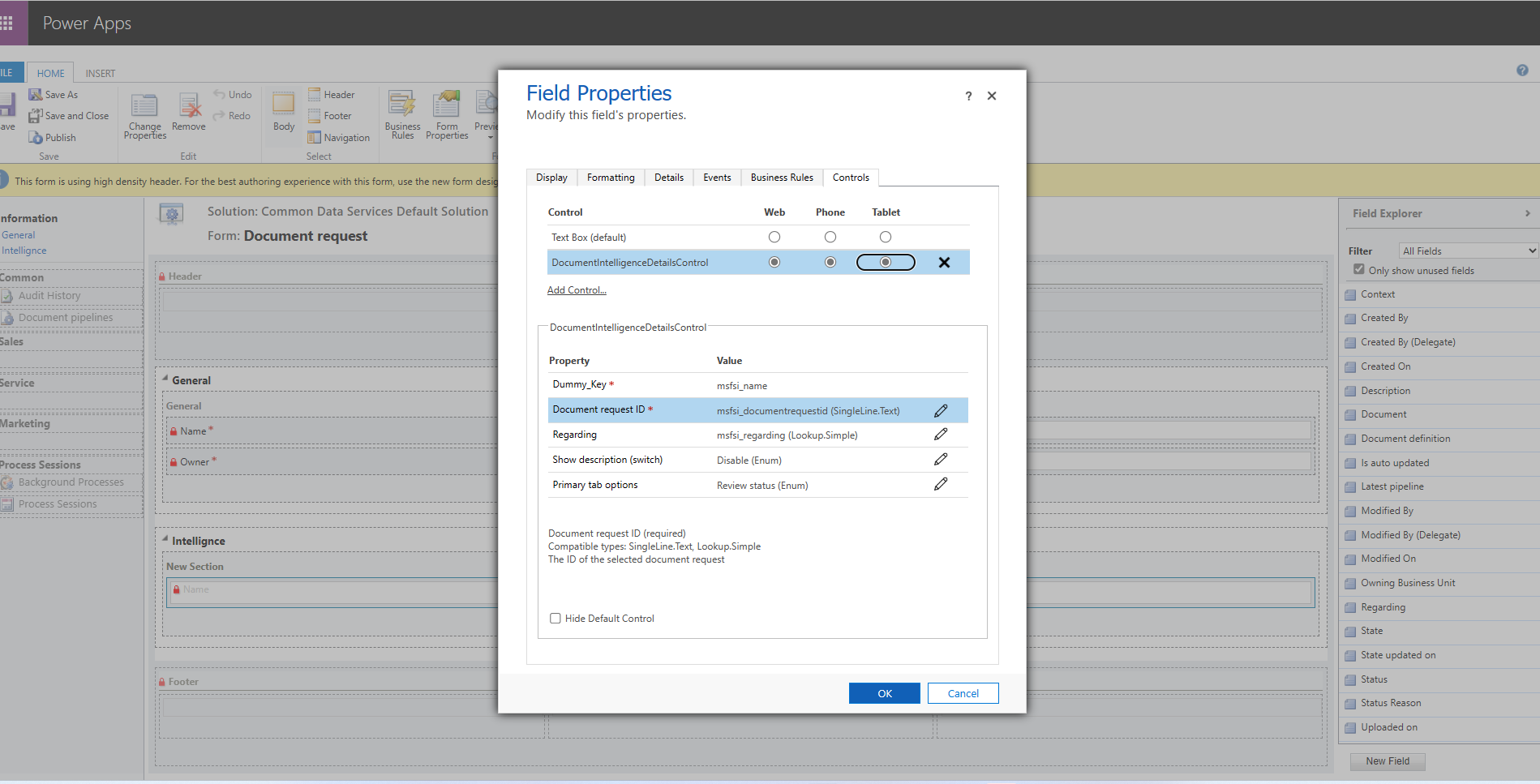 Screenshot of the Card view when configuring Document intelligence details.