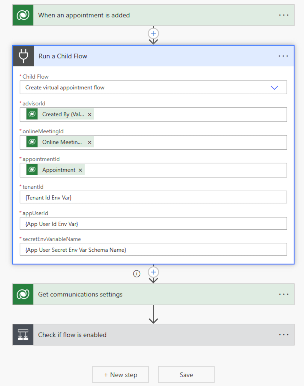 Screenshot of the child flow to create a virtual appointment.