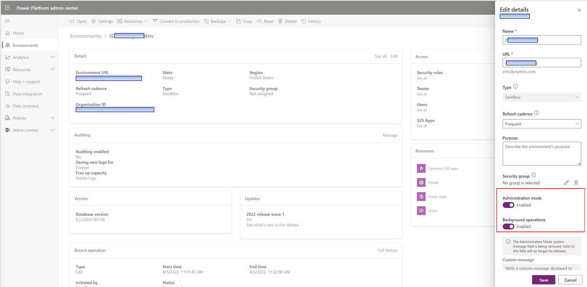 Screenshot of the Environments dashboard with background operations enabled.