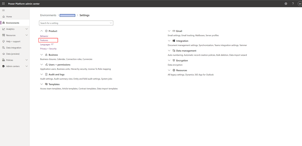 Screenshot of the Environments dashboard with the settings.