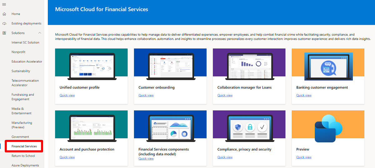 Review the available solutions in Microsoft Cloud for Financial Services.