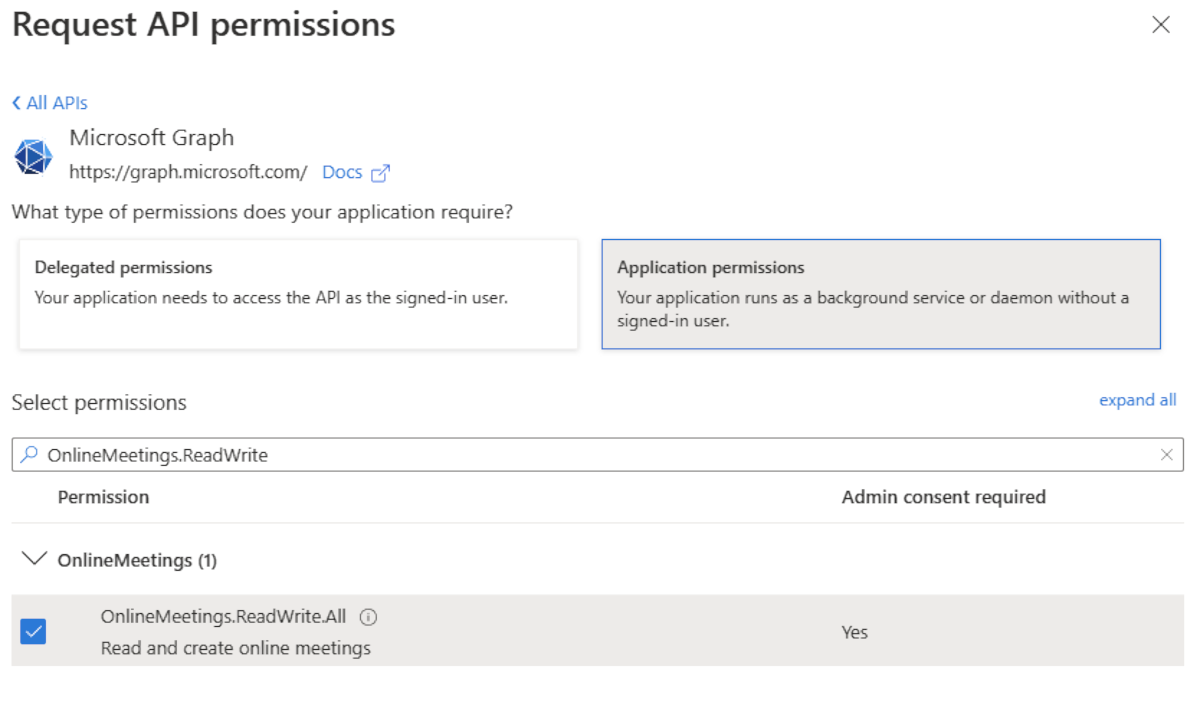 Screenshot of the Request API permissions page with the option to select Application permissions.